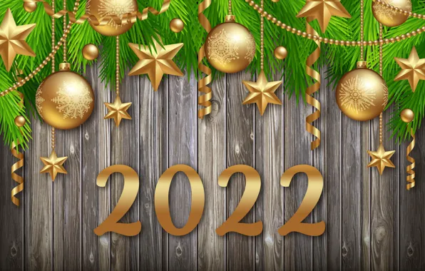 Картинка золото, цифры, Новый год, golden, new year, happy, balls, wood