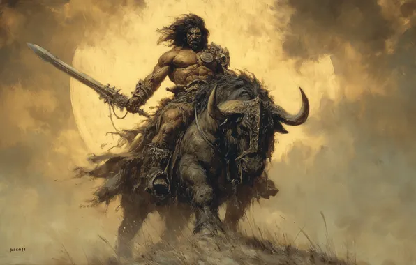 Картинка sword, horns, fantasy art, Illustration, Barbarian, oil painting, AI Art