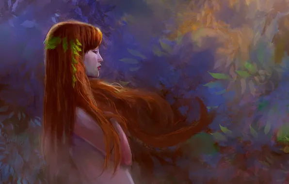 Листья, ветер, арт, рыжеволосая, нарисованная девушка