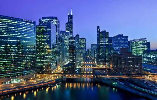 Картинка ночь, мост, река, небоскребы, вечер, Чикаго