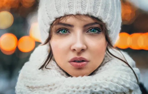 Картинка зима, глаза, взгляд, девушка, шапка, портрет, шарф, холодно