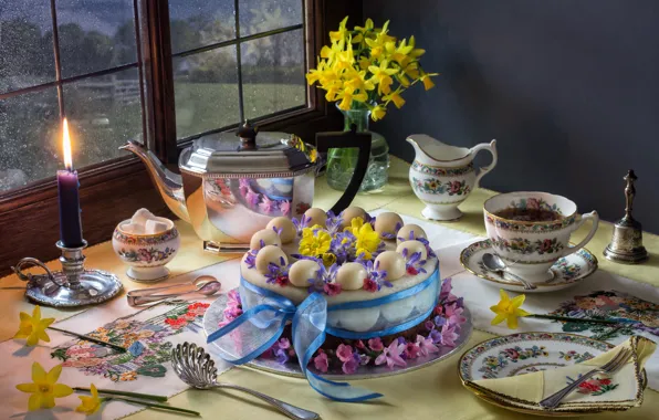 Картинка цветы, чай, свеча, букет, чайник, тарелка, Пасха, чаепитие