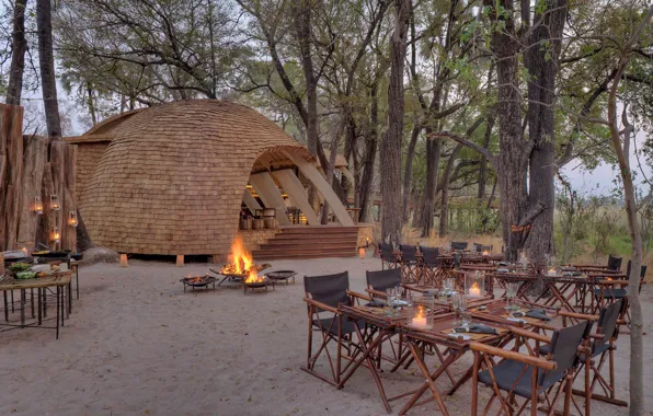 Ресторан, Африка, отель, очаг, Ботсвана, обеденная зона, Sandibe Okavango Safari Lodge, река Окаванго