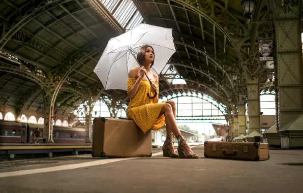Картинка взгляд, девушка, поза, вокзал, зонт, платье, Антипин Денис
