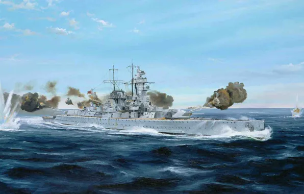 Картинка корабль, арт, флот, военный, линкор, немецкий, WW2, карманный