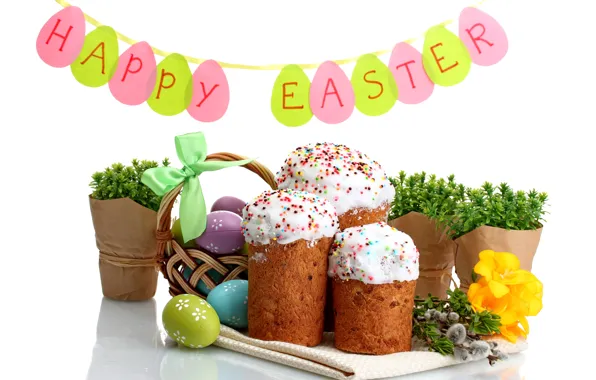 Цветы, яйца, Пасха, cake, кулич, flowers, Easter, eggs
