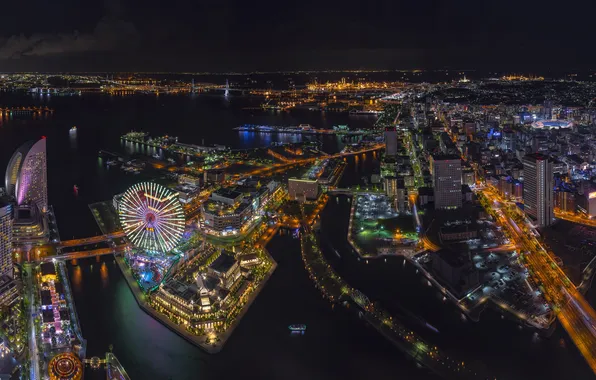 Город, Япония, Колесо обозрения, Japan, Ночной пейзаж, Minato Mirai, Night Skyline, Минато Мирай