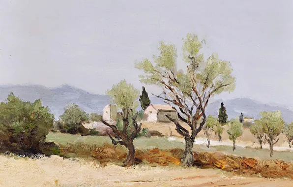 Картинка деревья, пейзаж, горы, дом, картина, Marcel Dyf, Almond Trees and the Tower of Egalieres