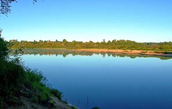 Картинка зелень, небо, деревья, природа, река, берег, утро, Река Ветлуга