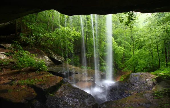 Картинка природа, водопад, пещера, waterfall
