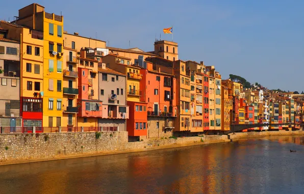 Небо, река, окна, дома, colorful, Испания, Каталония, Girona