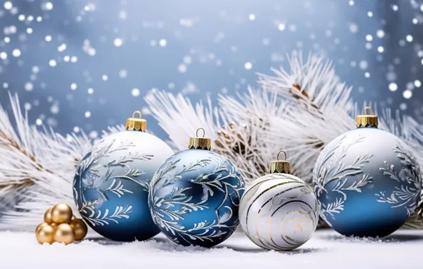 Картинка зима, снег, украшения, снежинки, шары, Новый Год, Рождество, golden