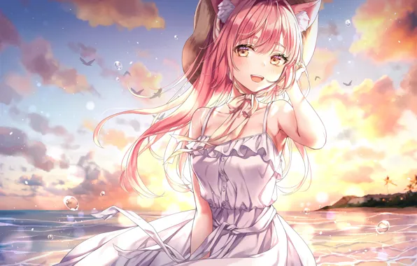 Картинка girl, sexy, cleavage, beach, pink hair, long hair, dress, sea