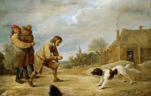 Картинка люди, картина, жанровая, David Teniers II, собвка, Farmboy with a Dog