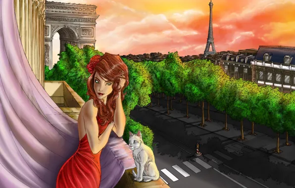 Картинка кошка, девушка, Париж