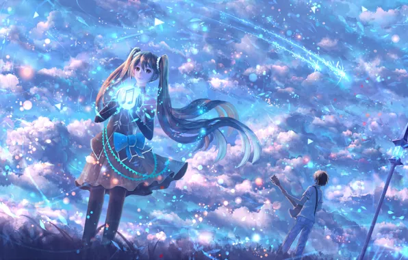 Небо, девушка, музыка, мужчина, hatsune miku, вокалоид, bounin