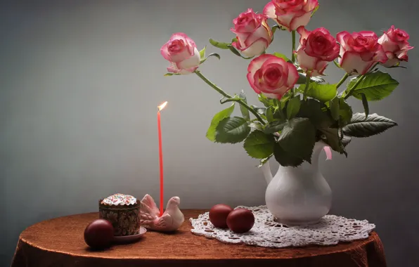 Цветы, стол, праздник, голубь, розы, свеча, яйца, Пасха