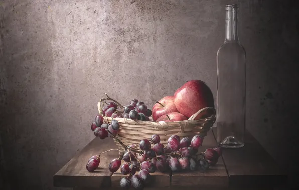 Стекло, стол, стена, яблоки, бутылка, еда, виноград, фрукты