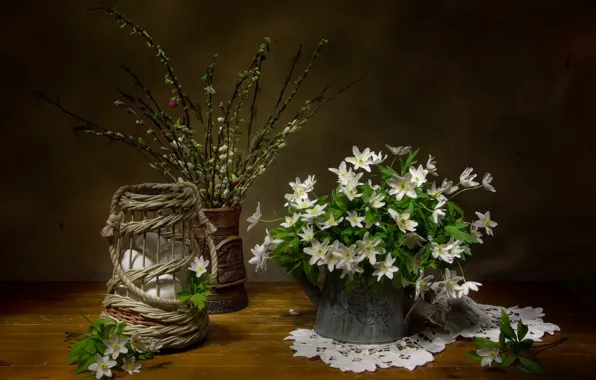 Цветы, ветки, стол, яйца, букет, весна, лейка, белые