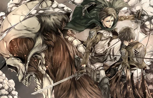 Череп, лезвие, Атака Титанов, Shingeki No Kyojin, Эрен Йегер, Леви Аккерман