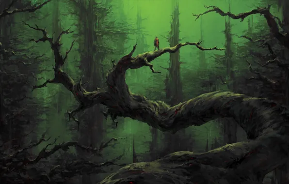 Картинка лес, деревья, человек, арт, сумерки