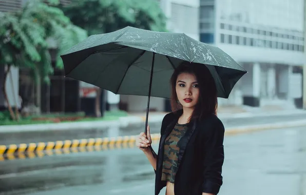 Картинка девушка, дождь, улица, зонт