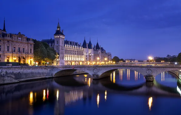Картинка свет, мост, город, огни, отражение, река, замок, Франция