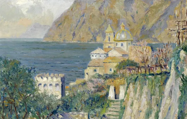 Пейзаж, картина, Эдуард Какуел, Edward Cucuel, Деревенская Церковь. Соррентийское Побережье Капри