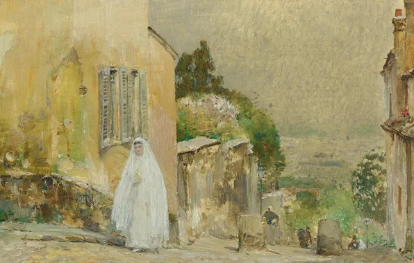 Девушка, дома, картина, городской пейзаж, Frederick Childe Hassam, Чайльд Гассам, Весеннее Урто. Улица Мон-Сени. Монмартр