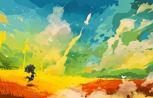 Картинка поле, небо, трава, облака, радость, прыжок, птица, рисунок