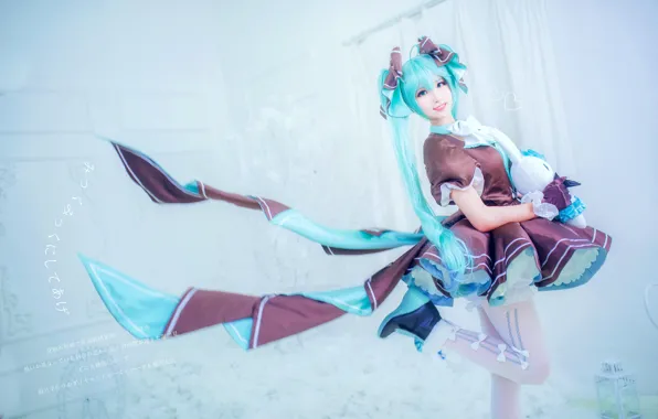 Hatsune Miku, зеленые волосы, вокалоид, косплей