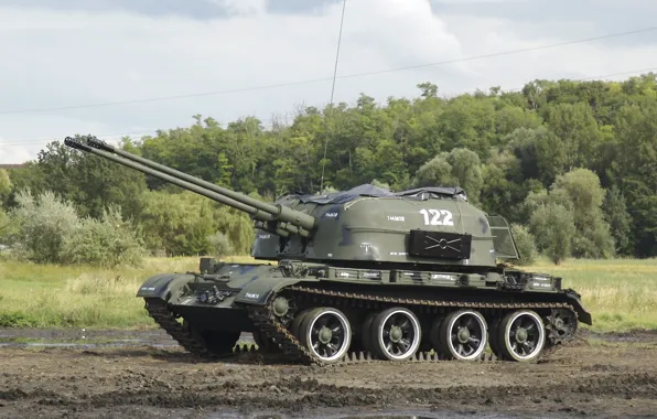 Поле, лес, установка, самоходная, советская, зенитная, ЗСУ-57-2