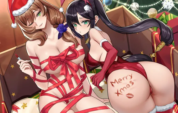 Christmas, sexy, ass, cleavage, thighhighs, green eyes, long hair, legs