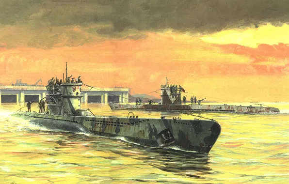 Рисунок, лодки, арт, подводные, submarine, тип, акватория, ВМФ Германии