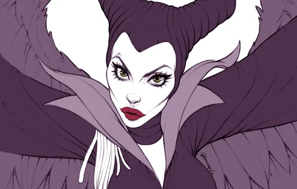 Взгляд, рисунок, Angelina Jolie, арт, рога, Maleficent