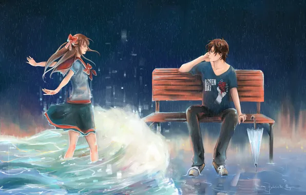 Вода, девушка, скамейка, зонтик, волна, парень