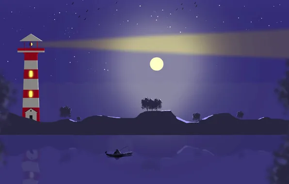 Море, ночь, отражение, луна, лодка, маяк, рыбак
