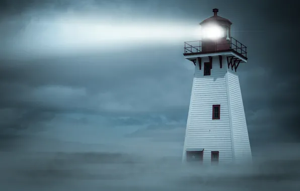 Картинка ночь, туман, маяк, прожектор, луч света