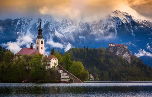 Картинка горы, Словения, Церковь Вознесения Девы Марии, Юлийские Альпы, Бледское озере