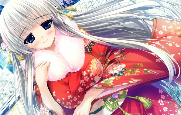 Картинка девушка, узор, арт, мех, кимоно, game cg, prism recollection, shintaro