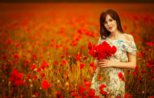 Картинка Girl, Red, Sky, Body, Flowers, View, Field, Dress