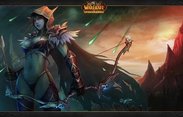 Девушка, эльф, лук, лучница, арт, стрела, эльфийка, wow