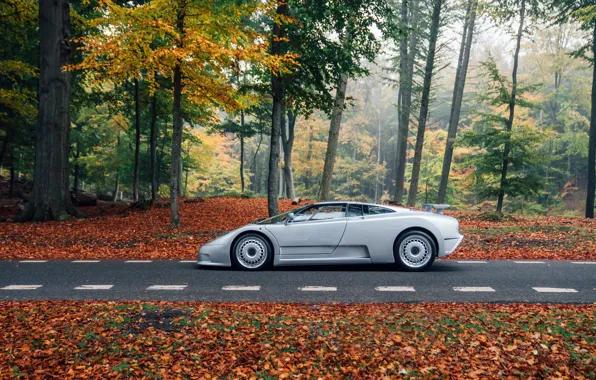 Картинка Bugatti, supercar, road, trees, side view, Bugatti EB110 GT, EB 110