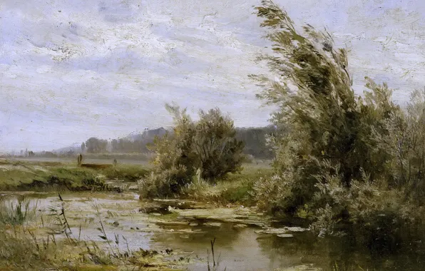 Деревья, природа, картина, Карлос де Хаэс, Пейзаж с Прудом