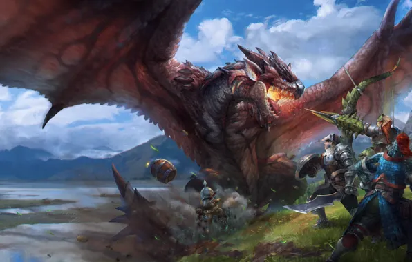 Fire, flame, sword, warhammer, armor, wings, lake, man