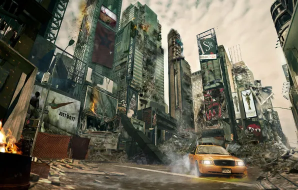 Картинка апокалипсис, Нью-Йорк, разруха, такси, небоскрёбы