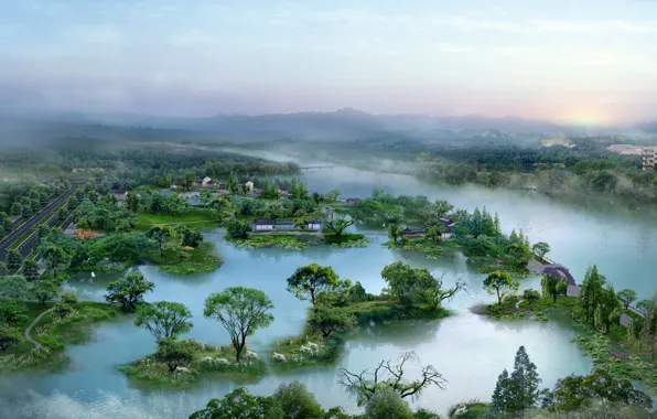 Картинка деревья, туман, пейзажи, речка