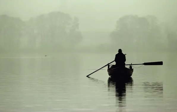 Картинка туман, утро, рыбак, озеро, лодка