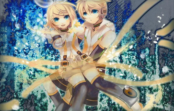 Взгляд, аниме, двое, Vocaloid, Вокалоид, Кагомине Лен, Кагомине Рин