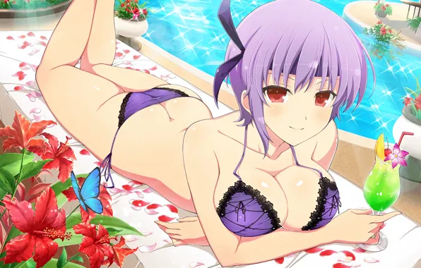Girl, sexy, ass, pool, cleavage, boobs, anime, butterfly